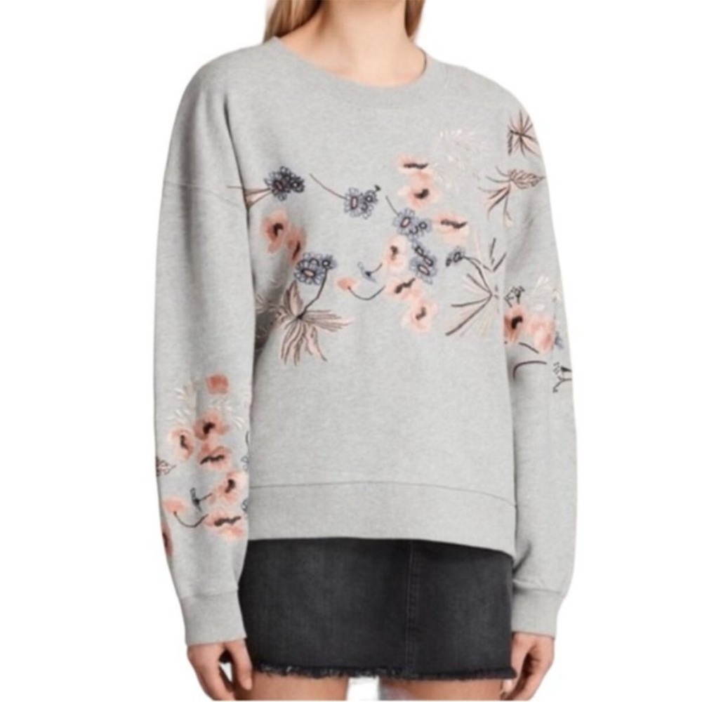 All Saints Margot Floral Embroidered Sweatshirt Medium Gray Pink Blue - Picture 13 of 13
